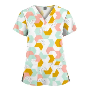 Wholesale Polyester Spandex Uniforms Beautiful Hospital Scrubs Tops Women Nurse Printed Scrub Top Healthcare Nursing Scrub Shirt