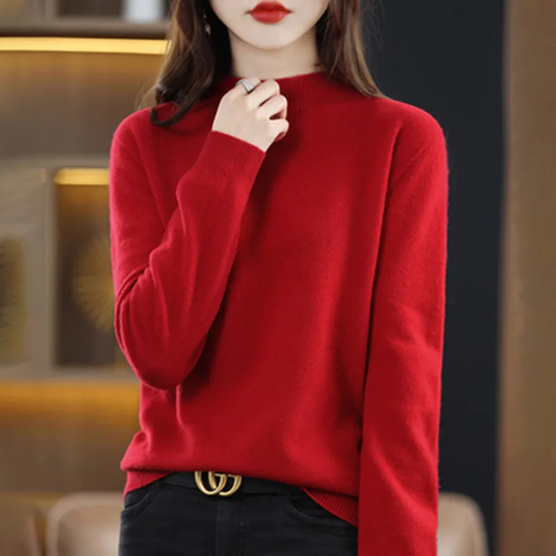 Half High Solid Color Cashmere Sweater For Women Loose Pullover Autumn and Winter Contracted Commuter Basic Knitwear Top Base - الصورة 22