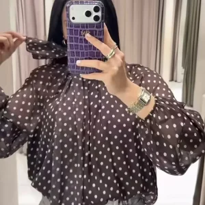 Women Polka Dot Print Blouse Casual High Collar Long Sleeve Lady Top Simple Women's Blouse Female Shirts & Blouses
