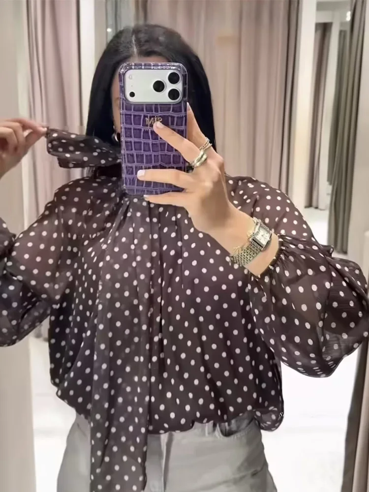 Women Polka Dot Print Blouse Casual High Collar Long Sleeve Lady Top Simple Women's Blouse Female Shirts & Blouses - Image 3