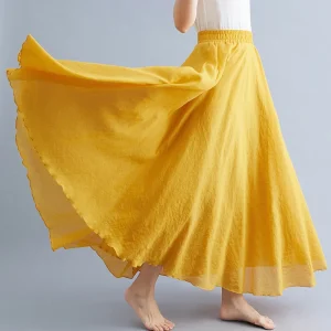 28-Color Mori Girl Literary Cotton Linen Dress Elastic Waist A-line Expansion Skirt Solid Color Ethnic Style Women Long Skirts