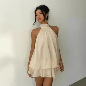 Women's Halter Neck Dress, Backless Tie-Front Chiffon Sheer Mini Skirt, Fashionable Sexy Y2K Vintage Cute Party Birthday Dress