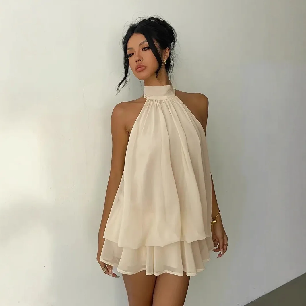 Women's Halter Neck Dress, Backless Tie-Front Chiffon Sheer Mini Skirt, Fashionable Sexy Y2K Vintage Cute Party Birthday Dress - الصورة 7