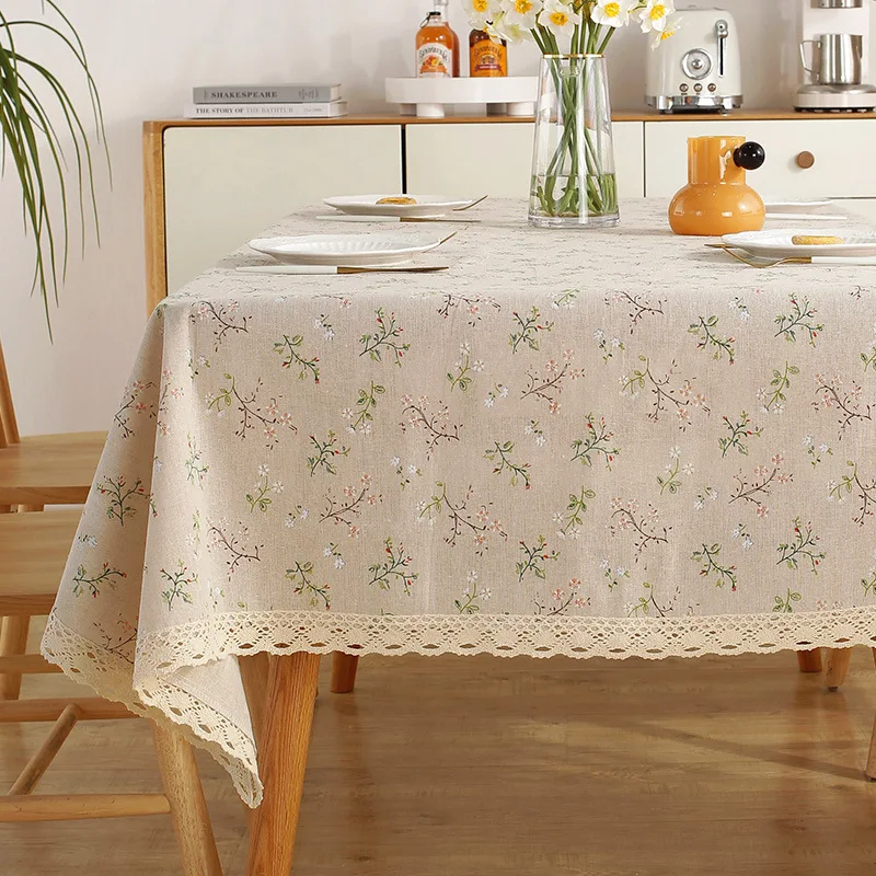 Beige Daisy Lace Tassels Cotton Tablecloth Rectangle Table Cover for Tea Table Decorations Kitchen Living Room Wedding Party Use - الصورة 9