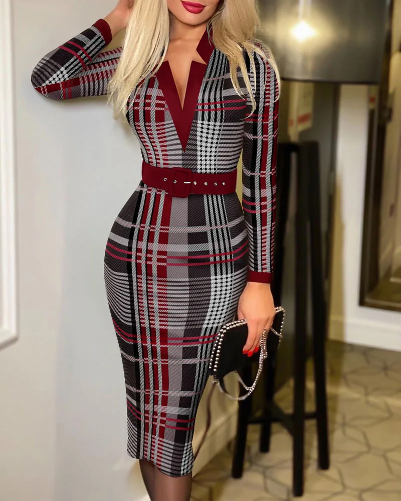 Allover Print V Neck Pencil Dress Elegant Long Sleeve Belt Dress Women's Clothing - Image 4