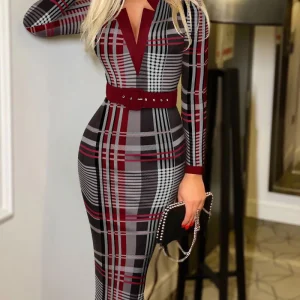 Women's Sexy Geometric Pattern V-Neck Midi Pencil Dress with Belt, Long Sleeve Knit Bodycon Dress, Suitable for All Seasons