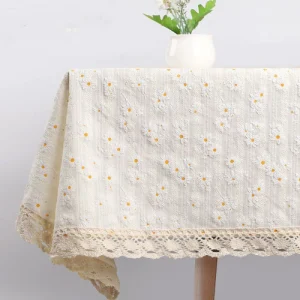 Beige Daisy Lace Tassels Cotton Tablecloth Rectangle Table Cover for Tea Table Decorations Kitchen Living Room Wedding Party Use
