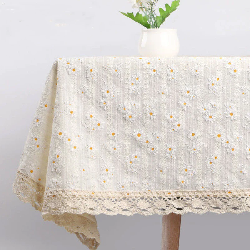 Beige Daisy Lace Tassels Cotton Tablecloth Rectangle Table Cover for Tea Table Decorations Kitchen Living Room Wedding Party Use - الصورة 4