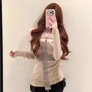 Erwofeina Patchwork Cross Graphic T Shirts Women Clothes Long Sleeve 2000s Clothes Y2k Hollow Out Tees Female Spring Tops Autumn