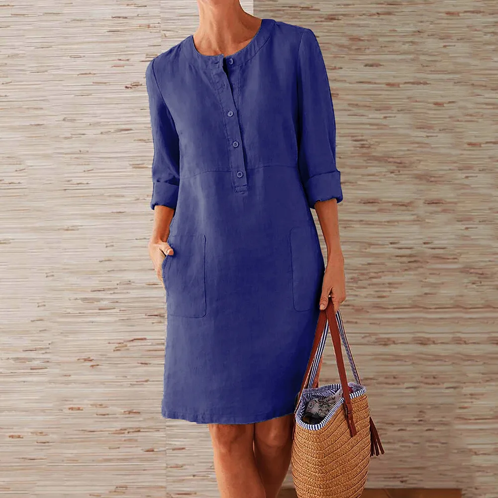 Women Casual Soild Long Sleeve Cotton And Linen Tunic Dress Vintage Straight Dress Long Sleeve Oversized Mini Knee-Length Dress - Image 5
