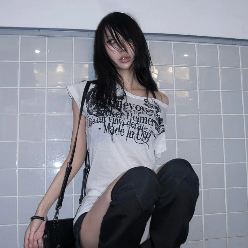 Karrram Japanese Y2k Letter Print T-shirt Trashy 2000s Style Tattoo T Shirt Vintage Harajuku Short Sleeve Sheer Tops Grunge Goth - الصورة 3