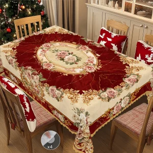 1 Piece of Retro Floral Theme Tablecloth, Marble Shading and Red and Gold Rose Pattern Design, Rural Farmhouse Style, Suitable for Camping Style Picnic, Christmas Holiday Party, Garden Birthday Party Decoration, Kitchen Accessories, Restaurant Terrace, Indoor and Outdoor Tablecloth, Perfect Gift for