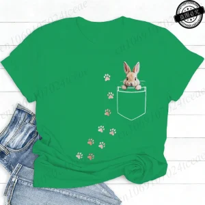 Pocket Bunny T-Shirts – Cute Rabbit Paw Prints T-Shirt Funny Bunny Graphic Tee Tops Sweet Rabbit Sitting in The Pocket Shirt