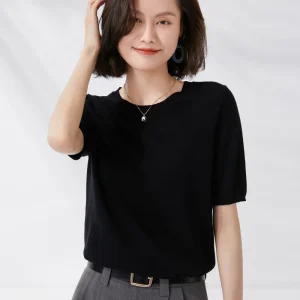 Spring and Summer New Short-sleeved Women O-neck Slim Wool Cotton Blend Pullover Vest T-shirt Knitted Base Sweater