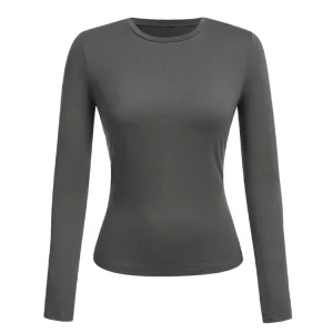 Women's solid-color long-sleeved T-shirt - Polyester knitted fabric, round neck, regular fit, fall-winter style