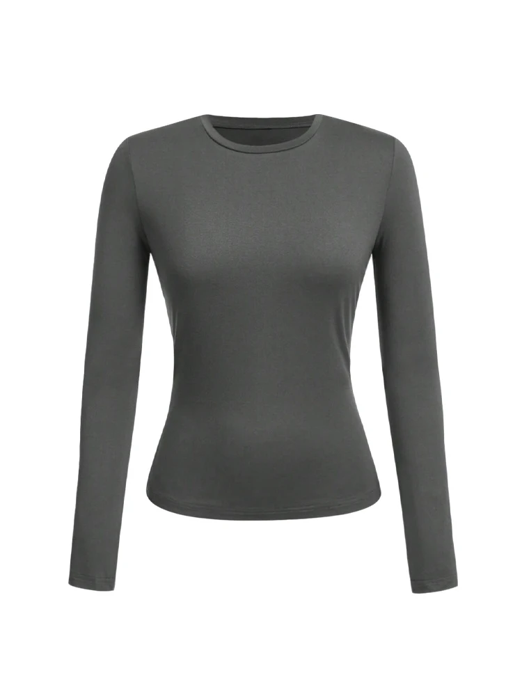 Women's solid-color long-sleeved T-shirt - Polyester knitted fabric, round neck, regular fit, fall-winter style - الصورة 9
