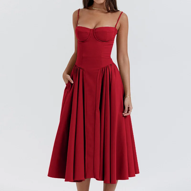 Summer Women Elegant Sleeveless Backless Pleated Dresses Lady Sexy Solid Sling Midi Dress 2024 Female Party Evening A-line Robes