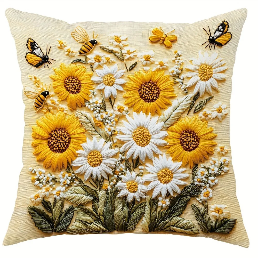 Floral Pillow Covers with Sunflowers, Daisies, Bees, and Butterflies Sofa cushion cover home room decoration 2D flat printing - Image 7