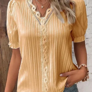 Elegant Women Blouse Shirt V Neck Lace Patchwork Short Sleeve Shirts For Women Summer Lady Tops