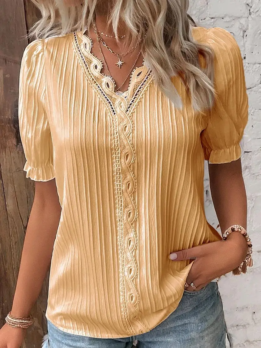 Elegant Women Blouse Shirt V Neck Lace Patchwork Short Sleeve Shirts For Women Summer Lady Tops - الصورة 4
