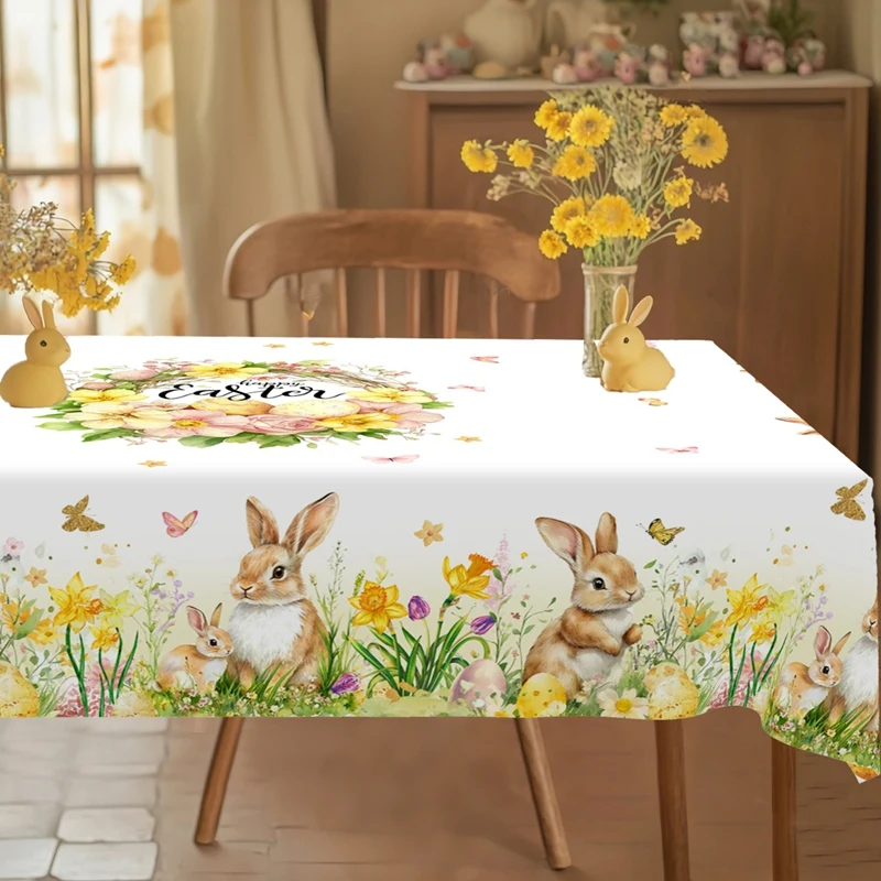 Spring Floral Easter Tablecloth Bunny Eggs Garden Tablecloth Rustic Easter Decorations for Home 2026 Kitchen Dining Table Cover - الصورة 2