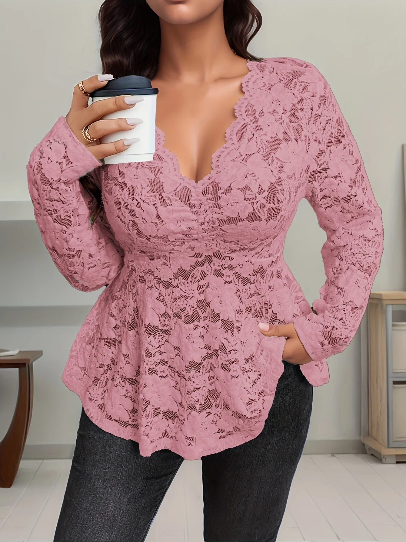 Elegant Fashionable Women's Long Sleeve Lace T-shirt Lady's Stylish Lace Top Comfortable Fit Casual Wear