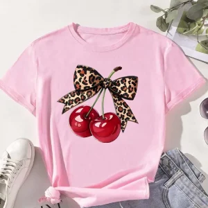 Fashion Cherry Print Women T-Shirt Short Sleeve Crew Neck Casual Tops for Summer Spring Women's Clothing Tops Tees