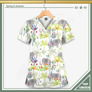 Surgical Uniform Printing Holiday Beautiful Shirt V-neck Style Pocket Design Blouse Surgical Top Woman Men Nurse Medical Uniform