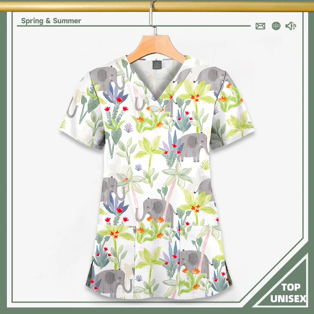 Surgical Uniform Printing Holiday Beautiful Shirt V-neck Style Pocket Design Blouse Surgical Top Woman Men Nurse Medical Uniform - الصورة 21