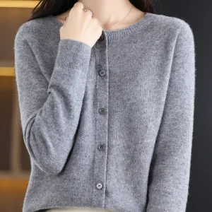 2024 New Chic Women's Basic O-neck Cardigan 100% Merino Wool Sweater Soft Grace Knitwear CoatSpring Autumn Female Clothes Tops