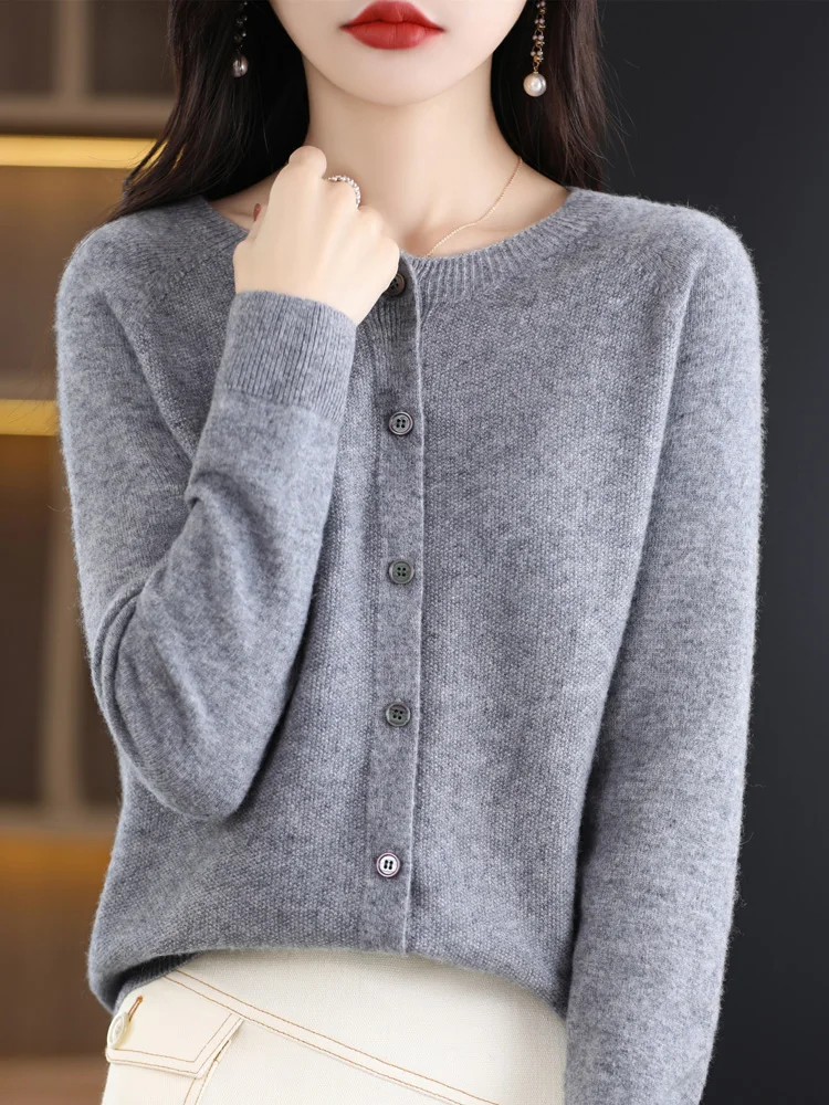 2024 New Chic Women's Basic O-neck Cardigan 100% Merino Wool Sweater Soft Grace Knitwear CoatSpring Autumn Female Clothes Tops - الصورة 20