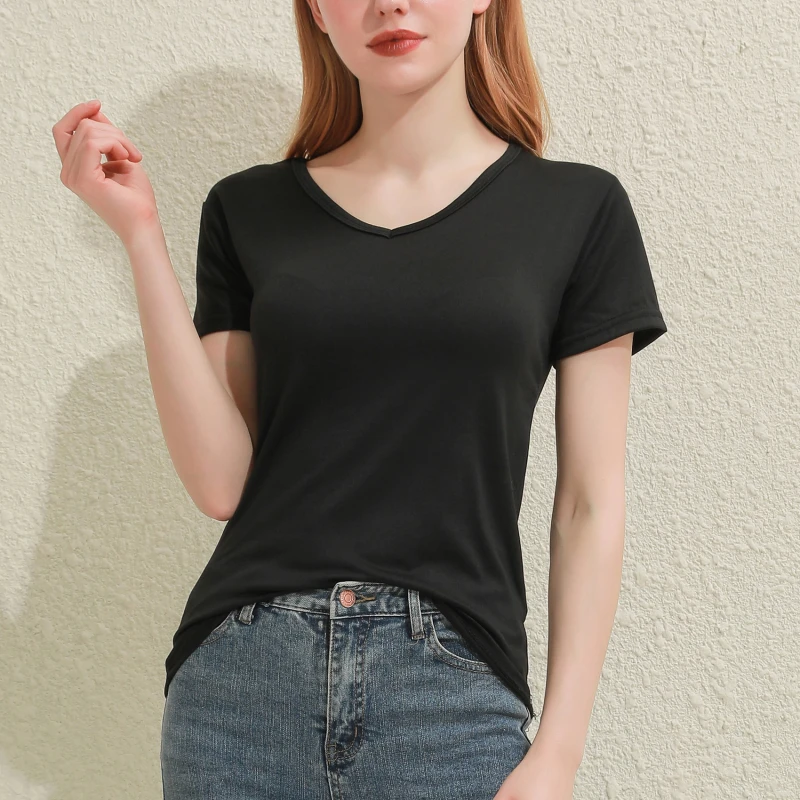 Solid Women Cotton T-shirt V-Neck Short Sleeve Female Tee Slim White And Balck T-Shirt Casual Solid Lady Tshirt Tops - الصورة 5