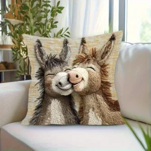Plush Donkey Pillow Cover - Cute cartoon donkey design, soft beige background, home decor, wedding, office (pillow not included)