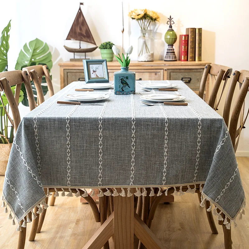 Cotton Linen Stripe Tassel Tablecloth Stain Resistant Dust-Proof Table Cover for Kitchen Dinning Tabletop Decoration Rectangular - Image 10