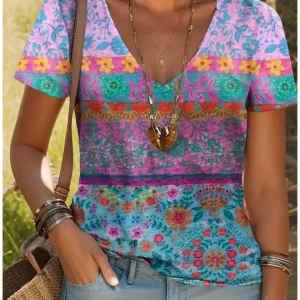 Summer New Women's T-Shirt 3D Vintage Floral Print V Neck Short Sleeve Shirt Fashion Ladies T-Shirt Clothing Y2k Women's T-Shirt