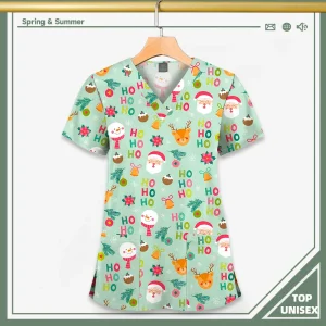 Surgical Uniform Printing Holiday Beautiful Shirt V-neck Style Pocket Design Blouse Surgical Top Woman Men Nurse Medical Uniform