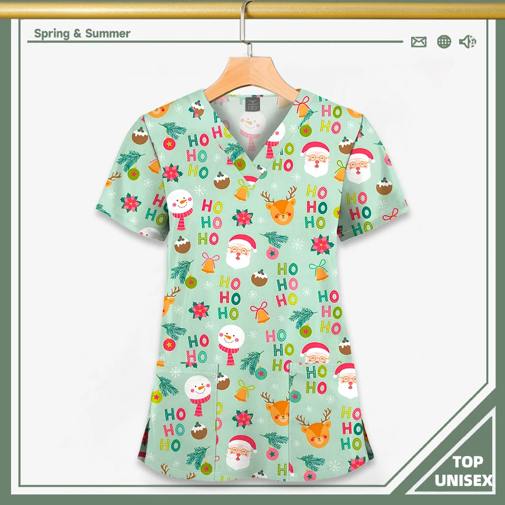 Surgical Uniform Printing Holiday Beautiful Shirt V-neck Style Pocket Design Blouse Surgical Top Woman Men Nurse Medical Uniform - الصورة 16