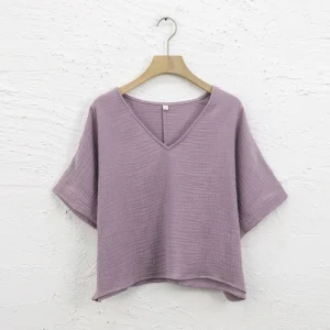 Muslin 100% Cotton Short Sleeve Tee Sexy V-Neck Oversized T-Shirt Streetwear Top Shirts And Blouse Lady Pulovers Camisetas