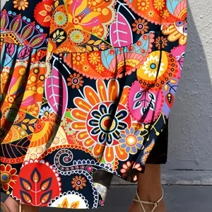 2026 Spring/Summer European & American Women's New Arrival Retro Printed Dress, V-Neck Slimming A-Line Dress for Casual