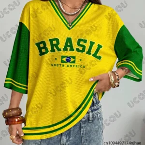 Summer New Vintage Brazil Print Women V-Neck T Shirt Patchwork Short Sleeve Sports Tees Football Jersey Y2K Loose Oversized Tops