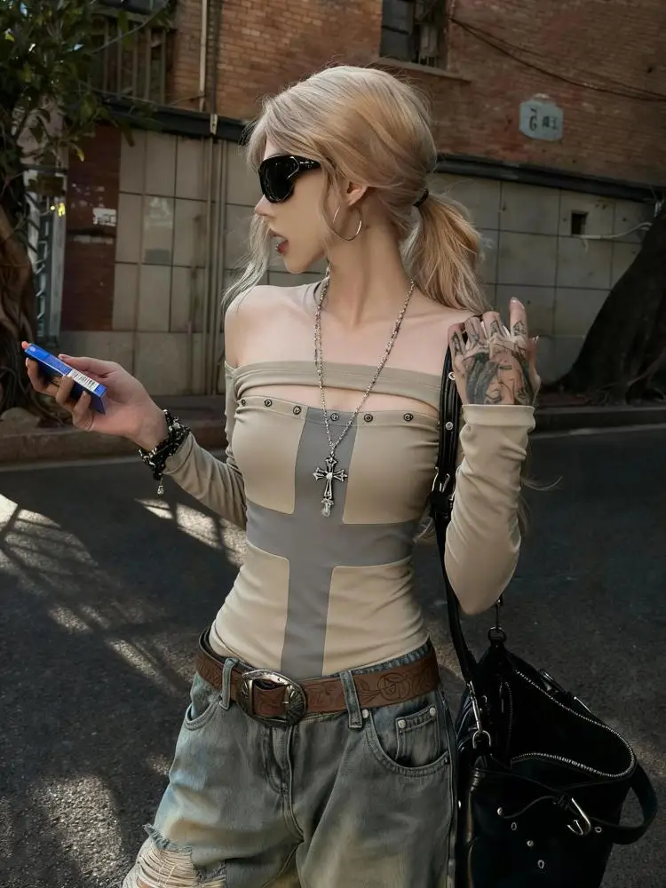 Erwofeina Patchwork Cross Graphic T Shirts Women Clothes Long Sleeve 2000s Clothes Y2k Hollow Out Tees Female Spring Tops Autumn - Image 3