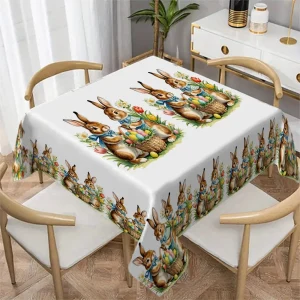 Easter Bunny Egg Flowers Waterproof Tablecloth Table Decor Reusable Farmhouse Kitchen Dining Tablecloth Easter Decorations