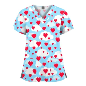 Wholesale Polyester Spandex Uniforms Beautiful Hospital Scrubs Tops Women Nurse Printed Scrub Top Healthcare Nursing Scrub Shirt