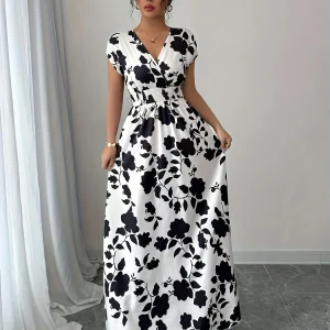 Ladies' elegant black and white floral print V-neck elastic drawstring waist cinching A-line vacation dress