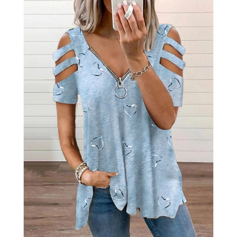 2024 Summer Women's V-Neck Zipper Printed Short Sleeve Tops Loose T-Shirts - Image 4