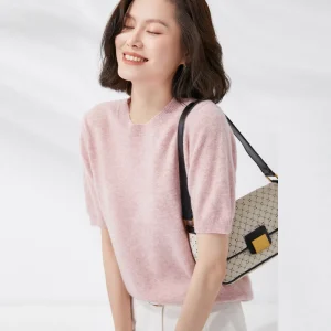 Spring and Summer New Short-sleeved Women O-neck Slim Wool Cotton Blend Pullover Vest T-shirt Knitted Base Sweater