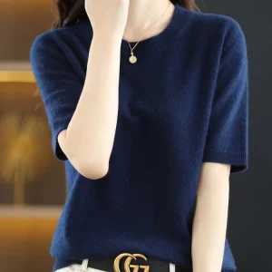 New Short-sleeved Knitwear Women O-neck T-shirt Wool Cotton Blend Pullover Vest Sprig Summer Bottoming Tops Sweater Solid Soft