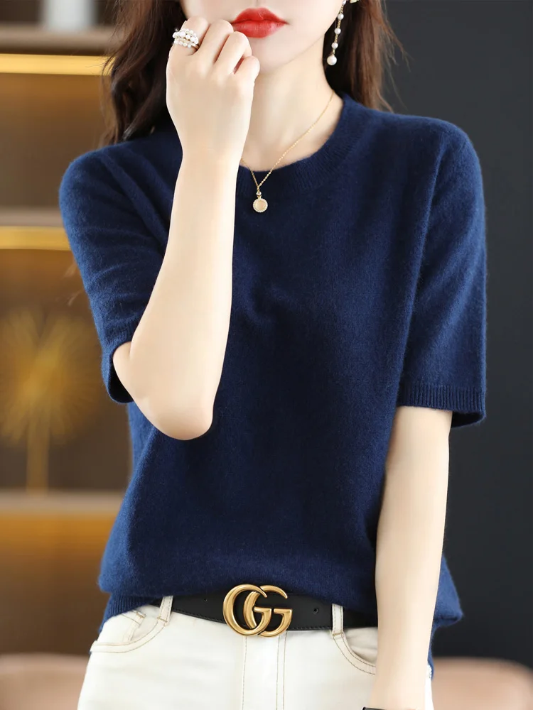 New Short-sleeved Knitwear Women O-neck T-shirt Wool Cotton Blend Pullover Vest Sprig Summer Bottoming Tops Sweater Solid Soft - Image 10