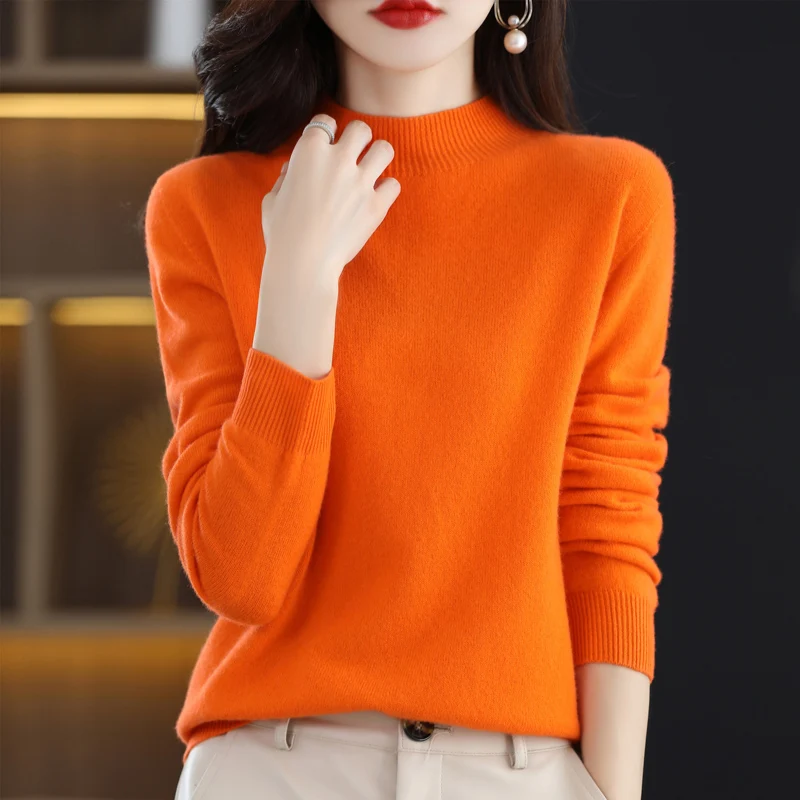 Half High Solid Color Cashmere Sweater For Women Loose Pullover Autumn and Winter Contracted Commuter Basic Knitwear Top Base - الصورة 5