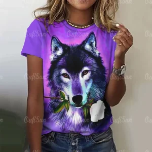 New T-shirt For Women Wolf Print Tees O Neck Loose Short Sleeve Blouse Female Fashion Animal Graphic Tops Harajuku Streetwear